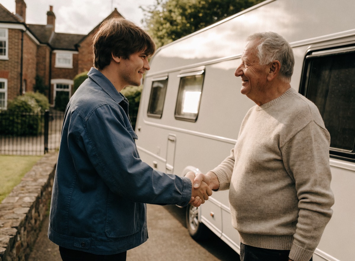 Caravan seller shaking hands with a buyer on their driveway after agreeing a price